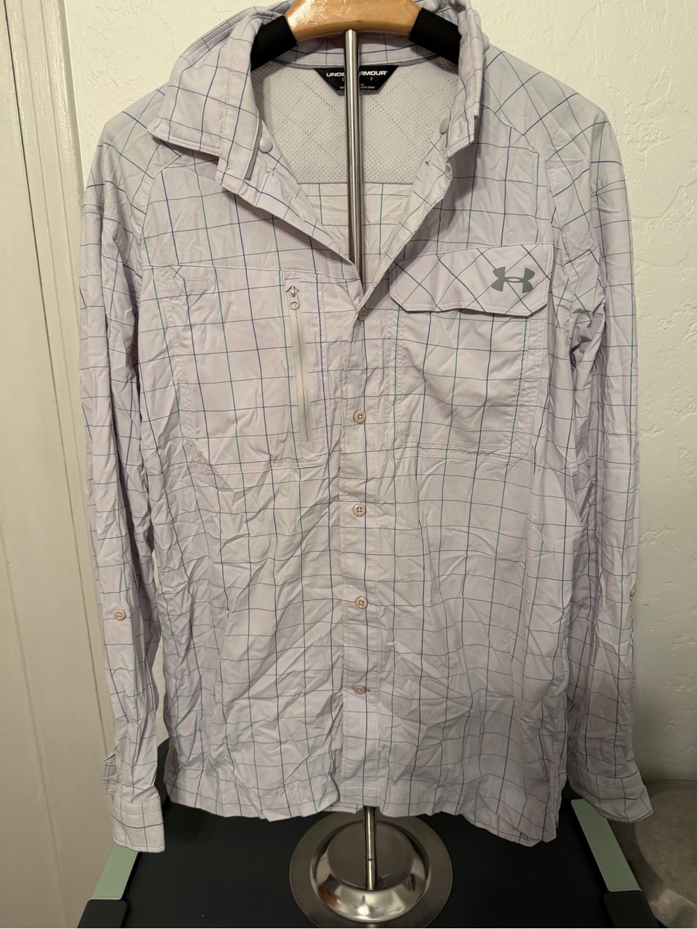 Under Armour Men's Light Gray Button-Down Shirt with Blue Grid